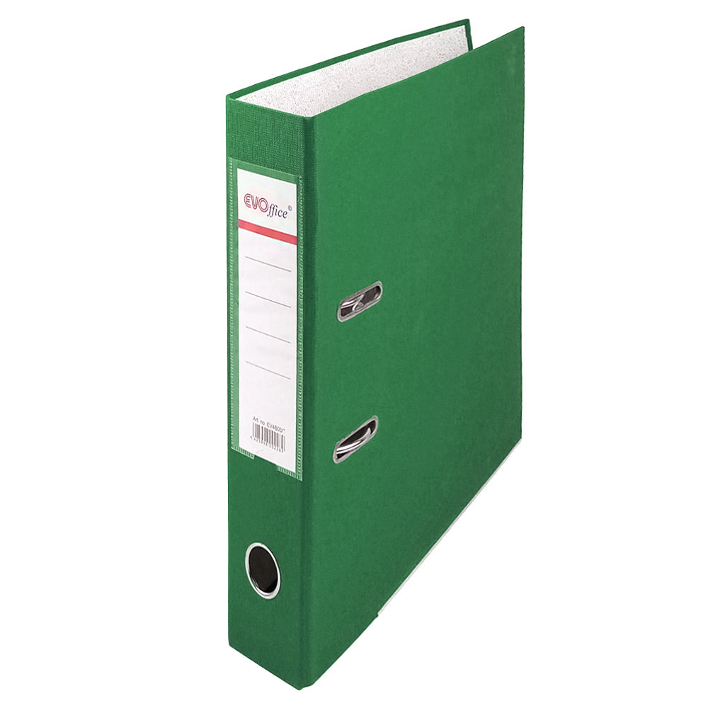 Biblioraft carton plastifiat EVOffice, format A4, grosime cotor 5 cm, culoare verde, prevăzut cu margine metalică și buzunar pentru etichetă.