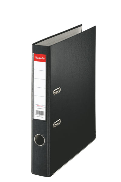 Biblioraft negru Esselte Economy, format A4, cotor de 5 cm, cu mecanism standard și șină metalică, ideal pentru arhivarea profesională și elegantă a documentelor în birou