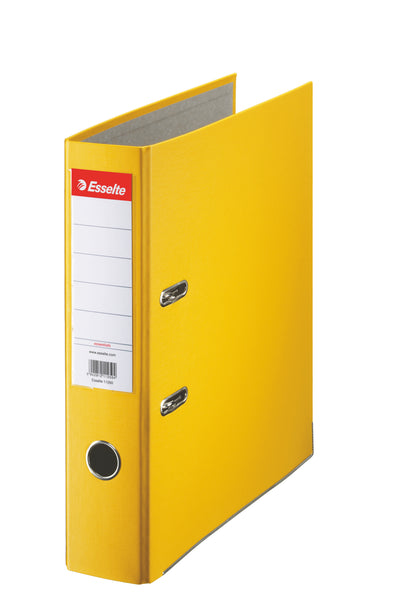Biblioraft galben Esselte Economy, format A4, cotor lat de 7.5 cm, dotat cu inele Rado și șină metalică, ideal pentru arhivarea voluminoasă și organizarea pe culori