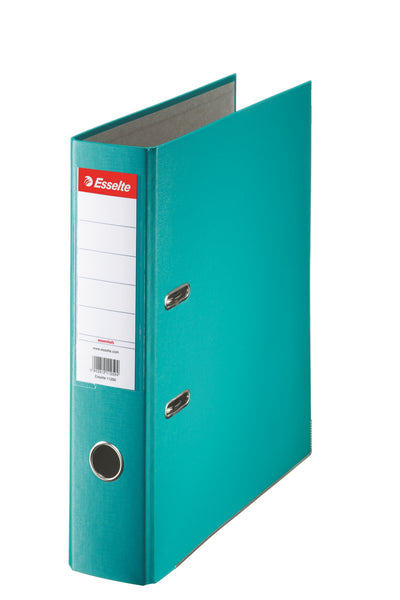 Biblioraft turcoaz Esselte Economy, format A4, cotor lat de 7.5 cm, echipat cu mecanism standard și șină metalică, ideal pentru o arhivare profesională, modernă și colorată