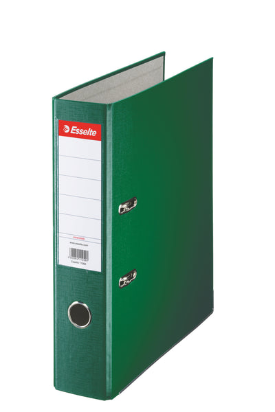 Biblioraft verde Esselte Economy, format A4, cotor lat de 7.5 cm, echipat cu mecanism standard și șină metalică, ideal pentru o arhivare organizată, durabilă și eficientă