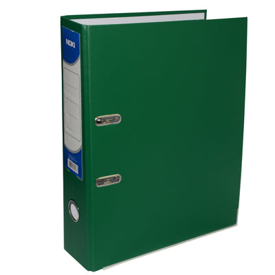 Biblioraft plastifiat Noki, format A4, cotor lat de 7.5 cm, culoare verde, echipat cu muchie metalică și buzunar pentru etichetă, ideal pentru arhivarea organizată și eficientă a documentelor.