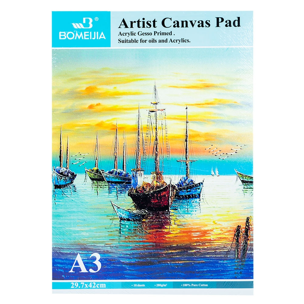 Bloc de pictură în format A3 cu 10 coli din pânză de bumbac 100%, gramaj 280g/mp, grunduite cu gesso acrilic pentru pictură în ulei și acrilic.