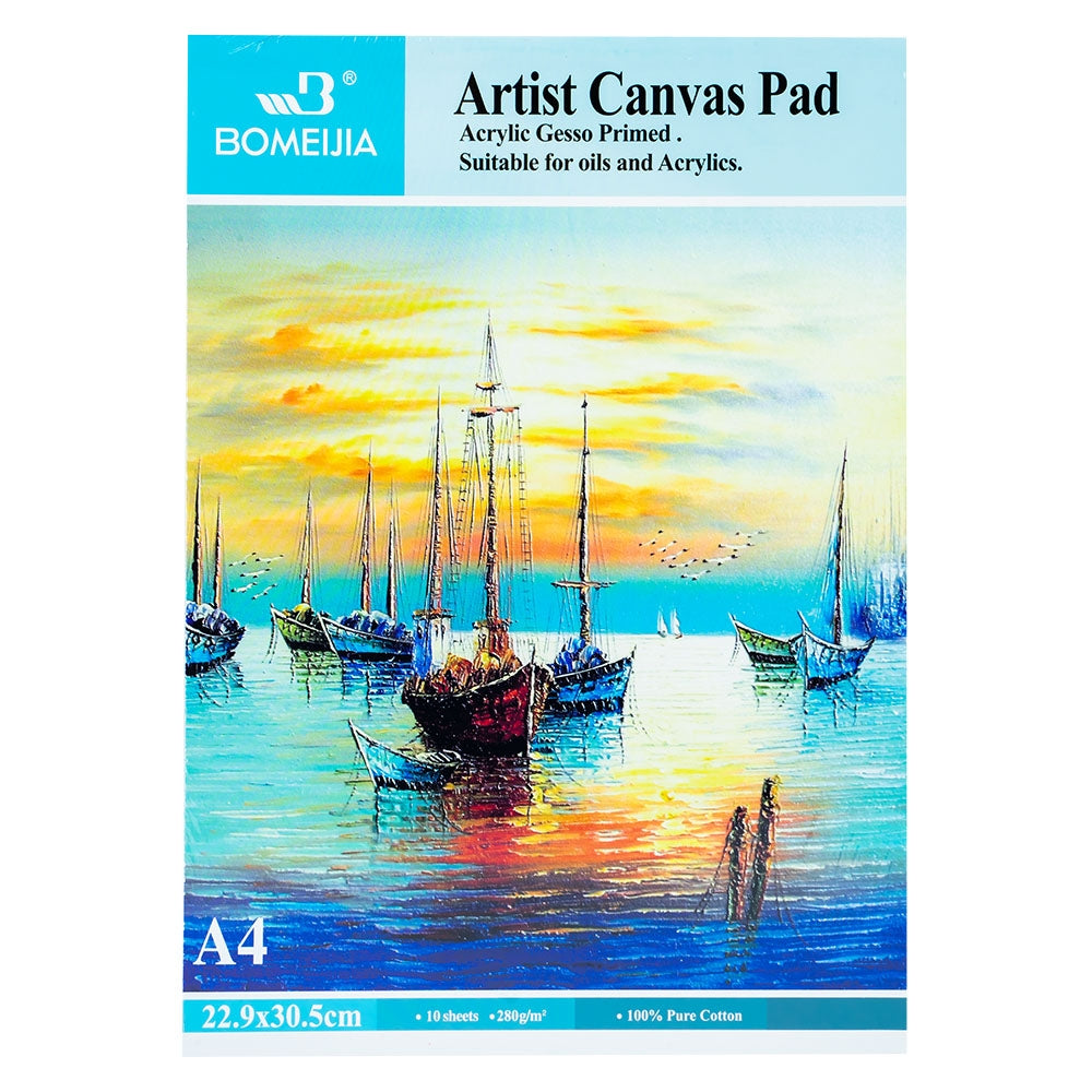Bloc de pictură în format A4 cu 10 coli din pânză de bumbac 100%, gramaj 280g/mp, grunduite cu gesso acrilic pentru pictură în ulei și acrilic