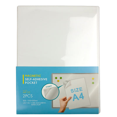 Set 2 buzunare magnetice A4 din plastic cu bandă magnetică pe întreaga suprafață și buzunar triunghiular, format 220x305 mm, ideale pentru panouri metalice