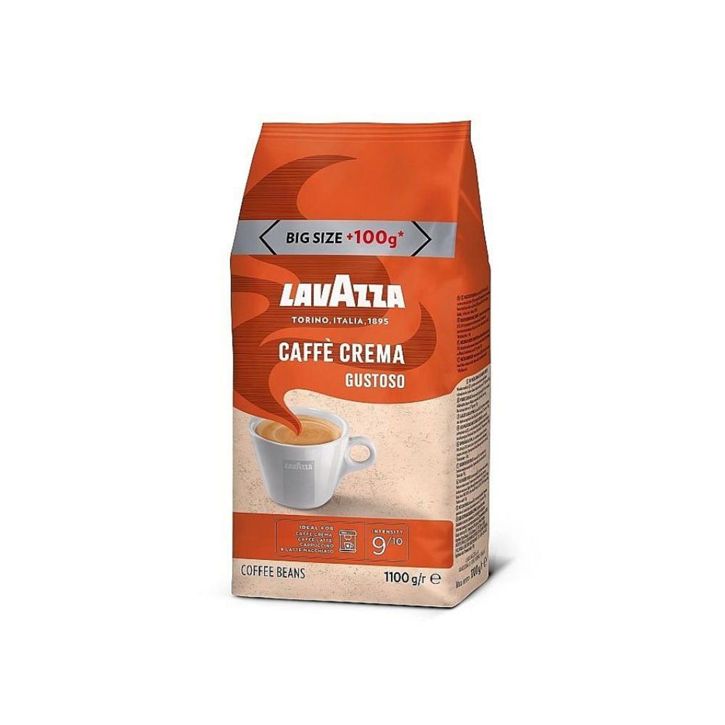 Pachet de cafea boabe Lavazza Caffè Crema Gustoso 1kg cu intensitate 9 din 10 și note de alune și cacao