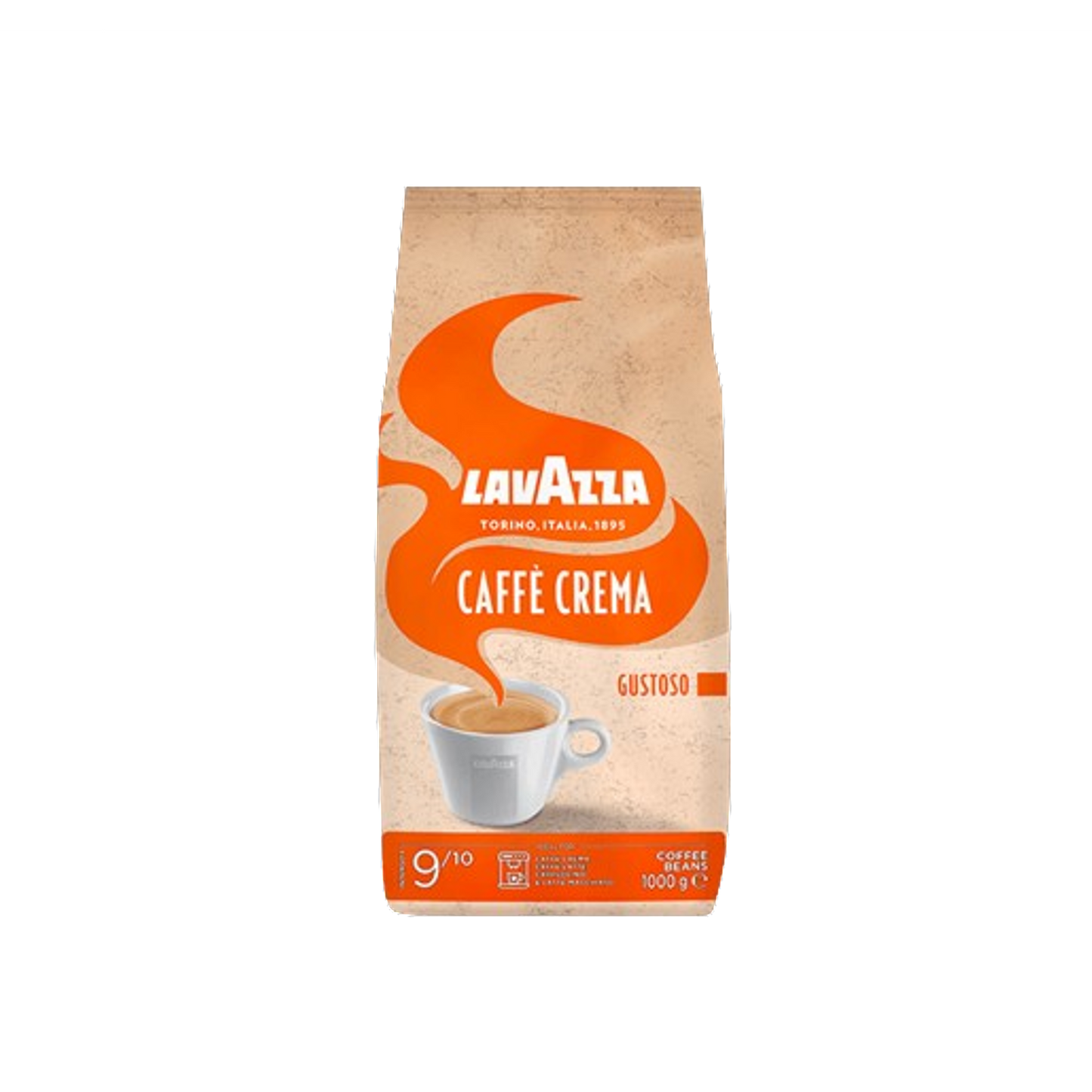 Pachet de cafea boabe Lavazza Caffè Crema Gustoso 1kg cu intensitate 9 din 10 și note de alune de pădure.