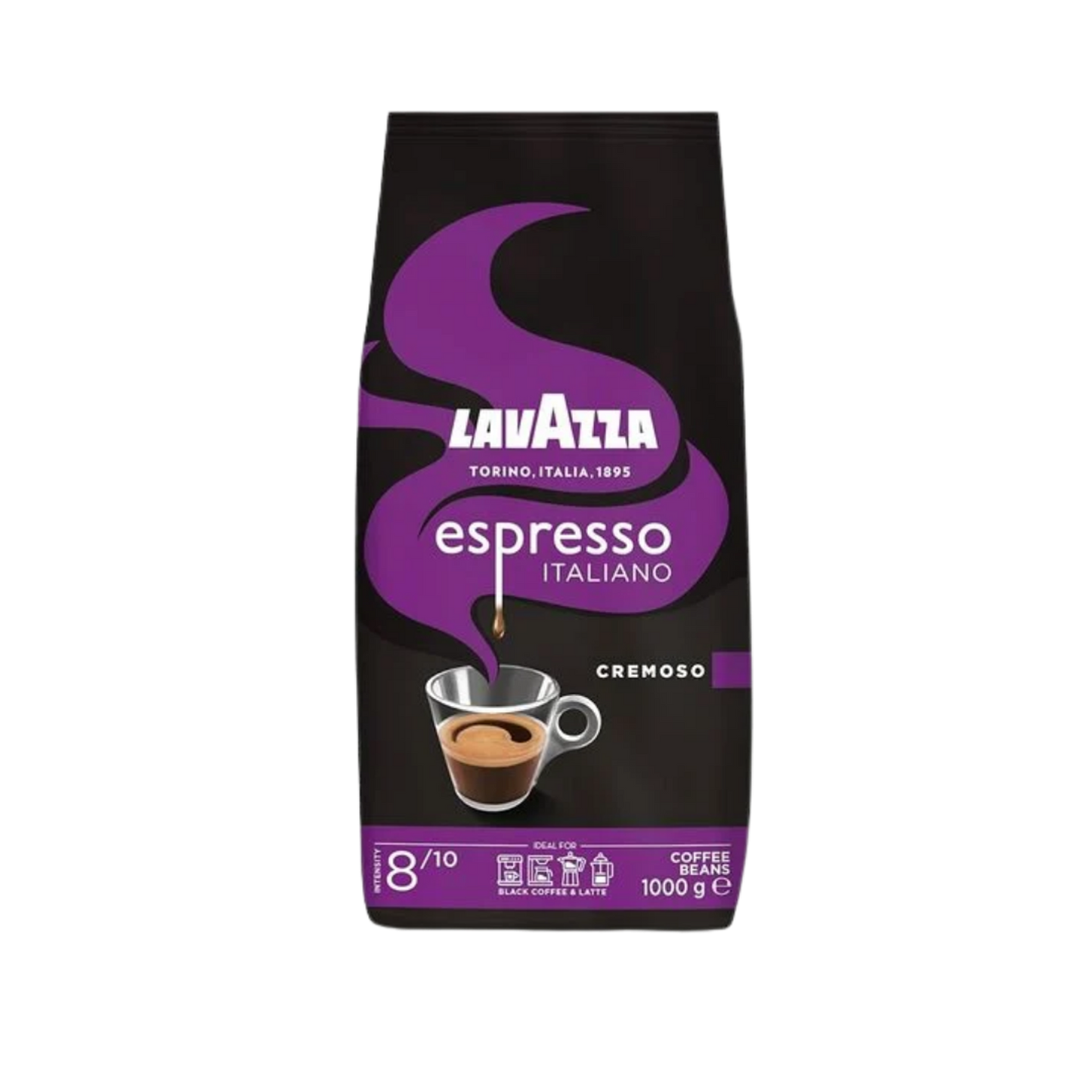 Pachet de cafea boabe Lavazza Espresso Cremoso 1kg cu intensitate 8 din 10 și note de ciocolată