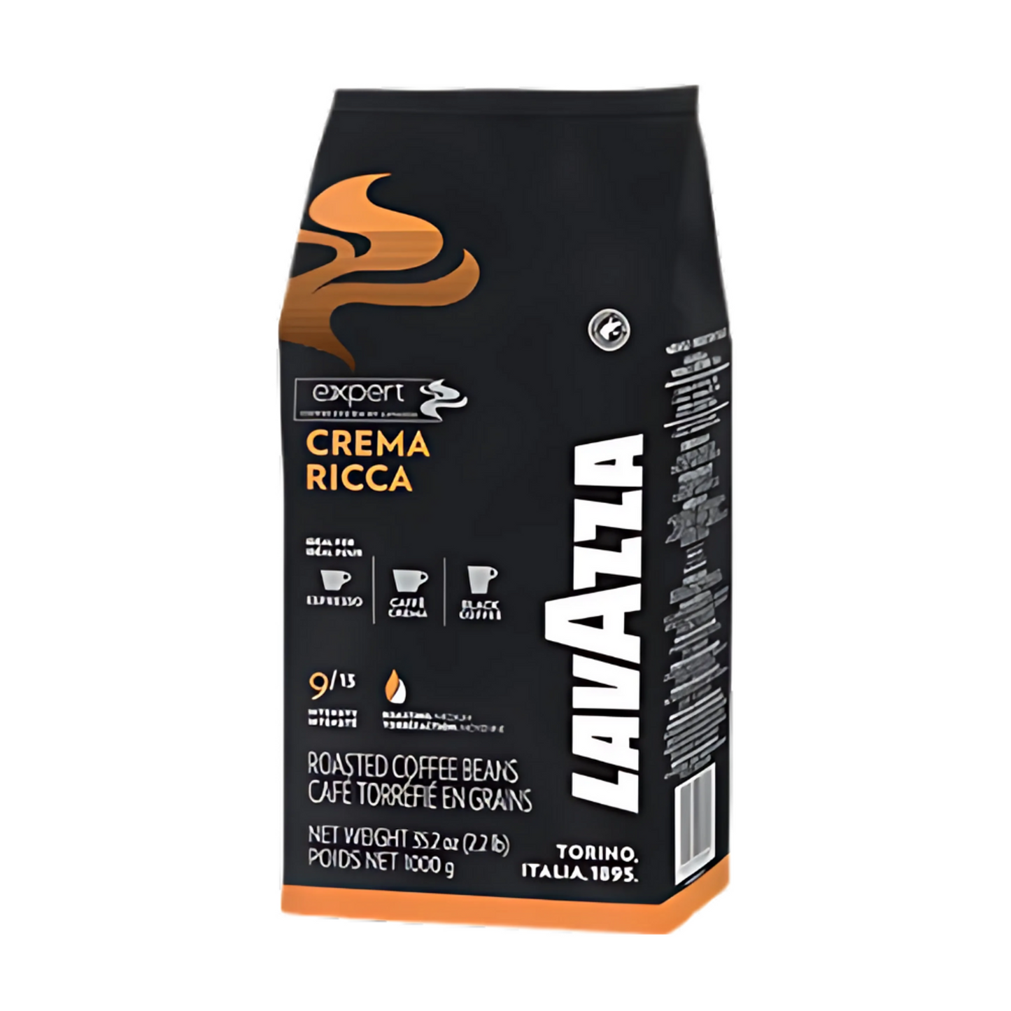 Pachet de cafea boabe Lavazza Expert Plus Crema Ricca 1kg certificată UTZ cu note de cacao și biscuiți.