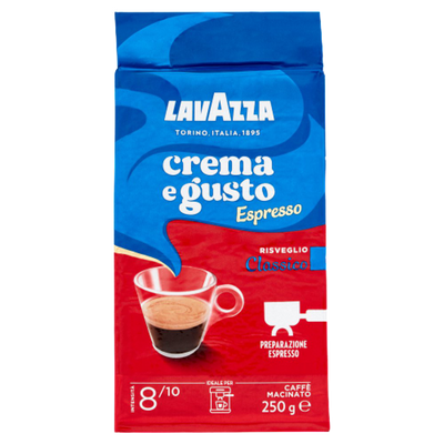 Pachet de cafea Lavazza Crema e Gusto Espresso cu intensitate 8 din 10 și note lemnoase