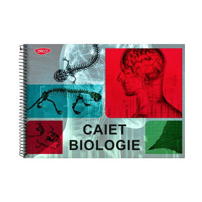 Caiet de biologie A4 cu spiră metalică de la DACO, conține 24 de file hibrid (liniate de 70g și pentru desen de 80g), ideal pentru elevi și studenți