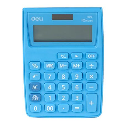 Calculator de birou compact Deli 1122 cu 12 cifre în combinație de culori alb și albastru