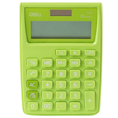 Calculator de birou compact Deli 1122 cu 12 cifre în combinație de culori alb și verde