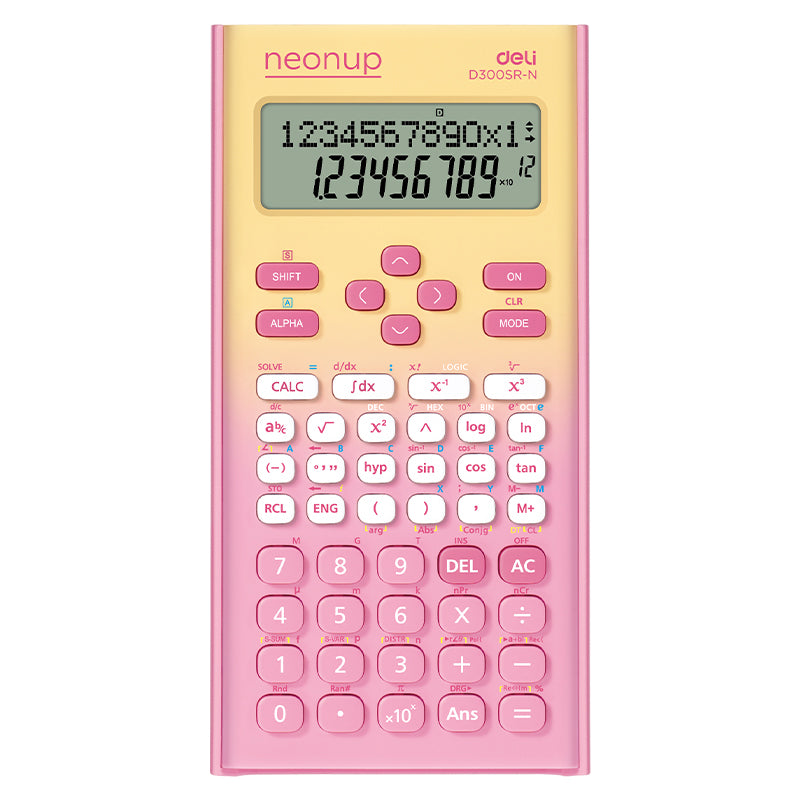 Calculator științific Deli cu 12 digiti și 300 de funcții în design roz în degradé cu capac de protecție
