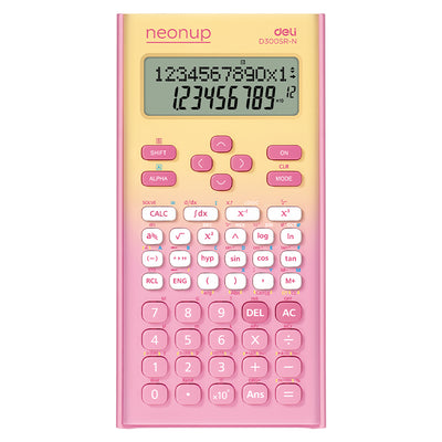 Calculator științific Deli cu 12 digiti și 300 de funcții în design roz în degradé cu capac de protecție