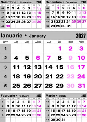 Calendar perete, A3, triptic, gri/roz 2027