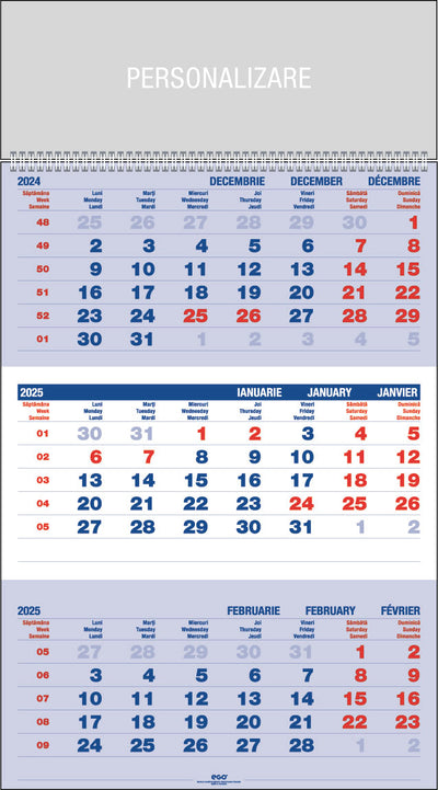 Calendar Perete Triptic Albastru 12 File Ego