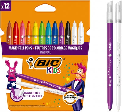 Set 10 carioci colorate si 2 carioci albe pentru sters BIC Kids Colour and Erase varf mediu rezistent lavabile de pe haine