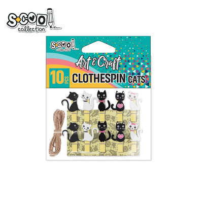 Set decorativ marca S-COOL compus din 10 cârlige din lemn și metal cu pisicuțe albe și negre și o sfoară de iută, destinat activităților craft și ghirlandelor foto