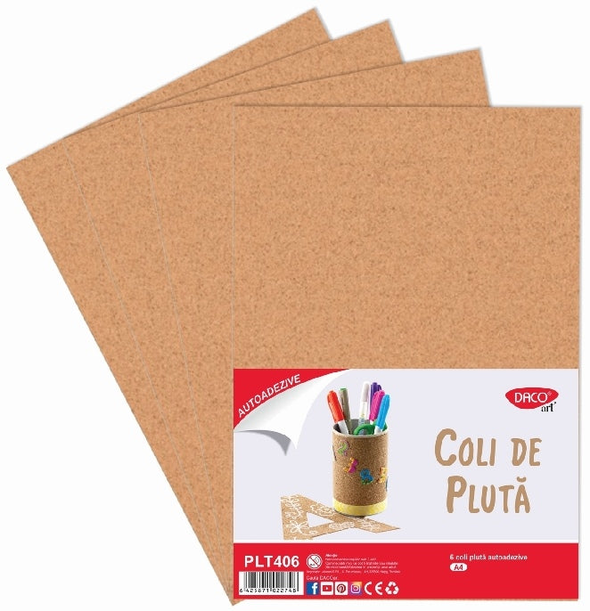 Set de 6 coli de plută naturală autoadezivă, format A4, grosime 1 mm, brand DACOart, ideale pentru proiecte craft, DIY și decorațiuni