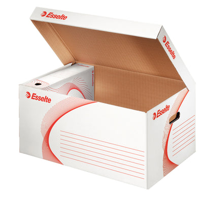 Container de arhivare alb Esselte cu capac integrat și pereți dubli, ideal pentru stocarea cutiilor de 80/100 mm, certificat FSC