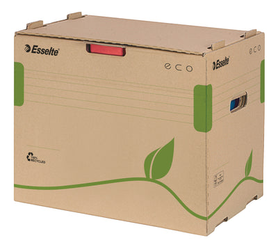 Container de arhivare Esselte Eco cu deschidere frontală și capac, fabricat din carton reciclat certificat FSC, ideal pentru stocarea a 5 bibliorafturi de 75 mm