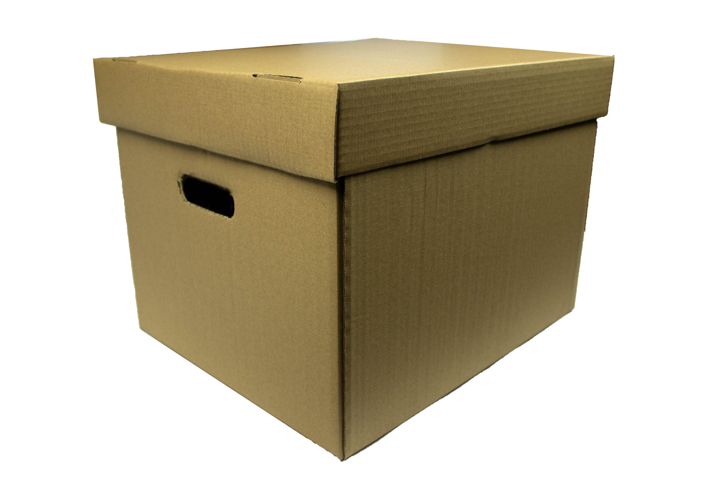 Container de arhivare natur cu capac detașabil, din carton ondulat, capacitate 5 bibliorafturi, ideal pentru organizarea documentelor în birou.