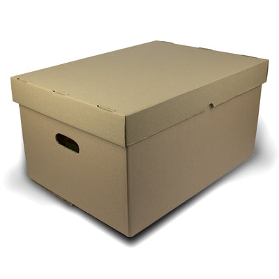 Container de arhivare din carton ondulat cu 5 straturi, cu capac detașabil și mânere, capacitate 7 bibliorafturi, ideal pentru arhive și depozite.