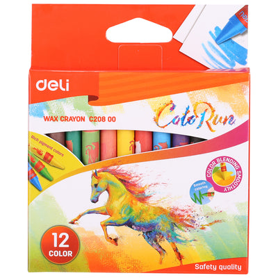 Cutie cu set de 12 creioane cerate multicolore marca Deli, cu înveliș din hârtie de protecție, ideale pentru colorat, desenat și activități creative la școală sau grădiniță