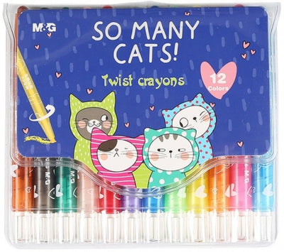 Set de 12 creioane cerate pe bază de ulei cu mecanism de răsucire și utilizare curată, multicolor, organizat într-un etui durabil din PVC cu design So many cats, pentru copii și școală