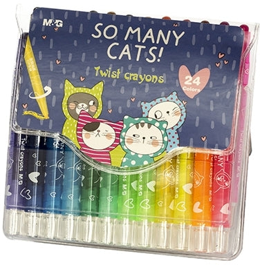Set extins de 24 de creioane cerate pe bază de ulei Twistable marca M&G, multicolore, cu mecanism prin răsucire și corp protector din plastic, organizate într-un etui durabil din PVC cu design So many cats.