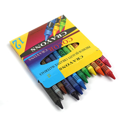 Set de 12 creioane cerate rotunde pentru copii cu vârsta de peste 30 de luni, în culori vii și non-toxice, cu dimensiuni ergonomice de 8x0.8 cm.