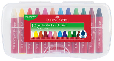 Set de creioane cerate groase de tip Jumbo, cu formă triunghiulară ergonomică și înveliș din hârtie, organizate într-o cutie transparentă și reutilizabilă din plastic, pentru copii și școală