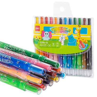 Set de 12 creioane cerate retractabile multicolore marca Deli, cu corp protector din plastic, mecanism de acționare prin rotire, organizate în etui transparent pentru școală și grădiniță