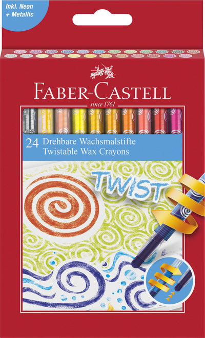 Set premium de 24 de creioane cerate retractabile de dimensiune mare, multicolore, marca Faber-Castell, cu corp protector din plastic și mecanism prin rotire, ideale pentru colorat curat la școală și grădiniță.