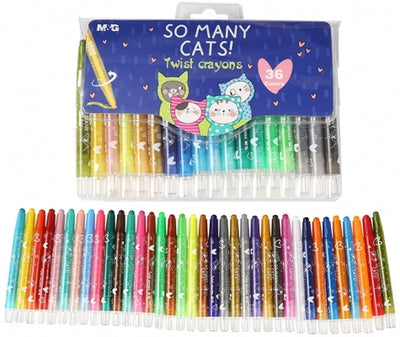 Set mega-extins de 36 de creioane cerate retractabile Twistable marca M&G, multicolore, decorate cu pisicuțe din gama So many cats, organizate în etui durabil din PVC pentru școală și activități creative