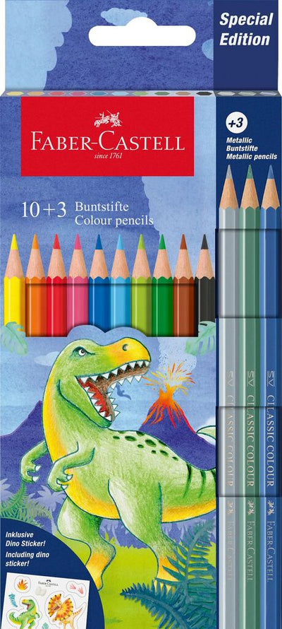 Set în ediție specială de 13 creioane colorate hexagonale marca Faber-Castell, tema Dinozauri, include 10 culori standard, 3 nuanțe metalice și stickere cadou, ambalate în cutie tematică