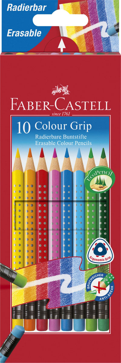 Set de 10 creioane colorate triunghiulare din gama Grip 2001 de la Faber-Castell, cu puncte anti-alunecare patentate și gumă de șters în capăt asortată cu culoarea minei.
