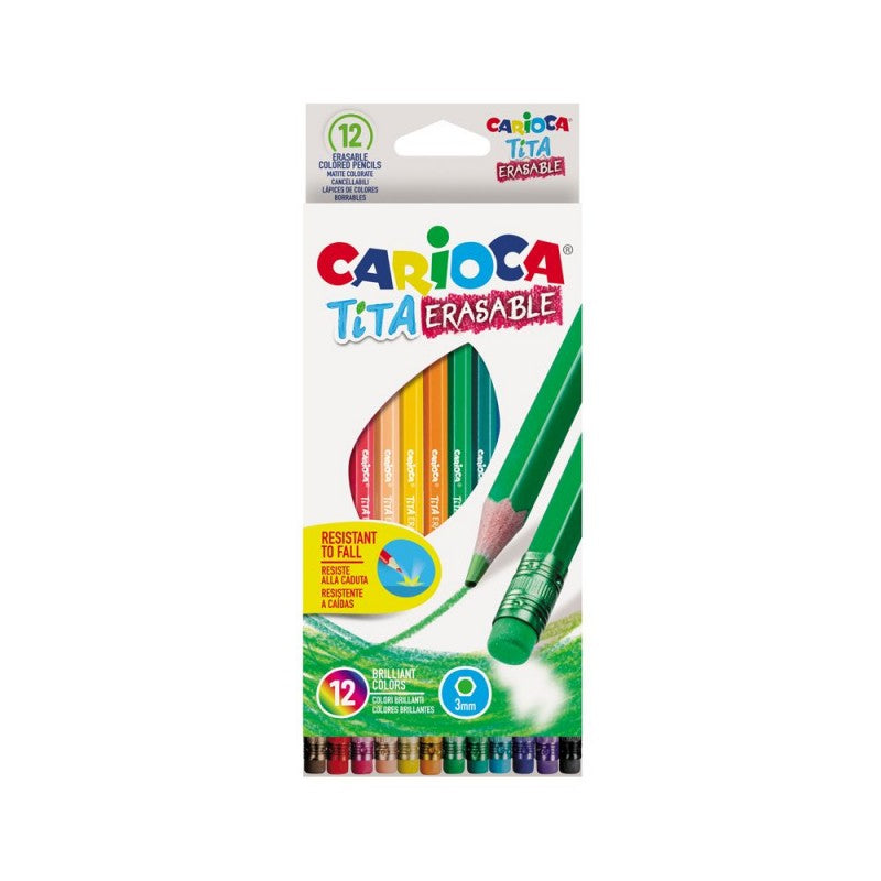 Set practic de 12 creioane colorate CARIOCA cu radieră integrată pe fiecare creion, corp hexagonal ergonomic și mină rezistentă de 3 mm pentru uz școlar.