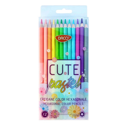 Set elegant de 12 creioane colorate pastel DACO cu corp hexagonal ergonomic anti-alunecare și mină groasă de 4 mm pentru desen artistic și schițe.