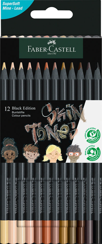 Set de 12 creioane colorate triunghiulare din gama Black Edition de la Faber-Castell, destinate portretelor în tonurile pielii, realizate din lemn negru ecologic cu mină super moale pentru efecte pe hârtie albă și neagră.