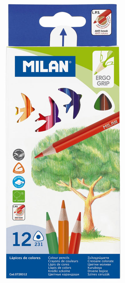 Set de 12 creioane colorate triunghiulare MILAN cu corp ergonomic anti-rostogolire și mine ultra-rezistente la rupere pentru desen și activități școlare.