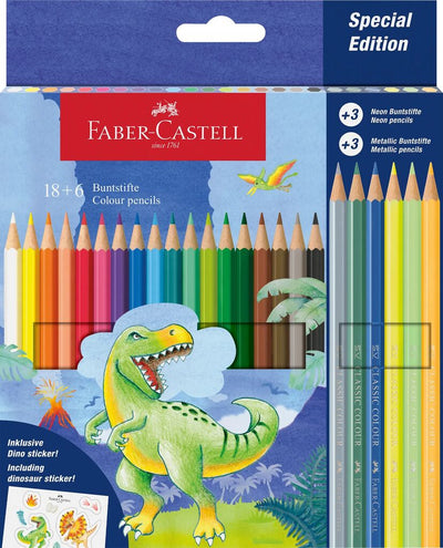 Set extins de 24 de creioane colorate hexagonale marca Faber-Castell, tema Dinozauri, include 18 culori standard, 3 neon, 3 pastel și stickere cadou, ambalate în cutie tematică practică.