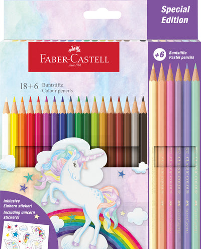 Set extins de 24 de creioane colorate hexagonale marca Faber-Castell, tema Unicorni, include 18 culori clasice, 6 nuanțe pastelate și stickere cadou, ambalate în cutie din carton