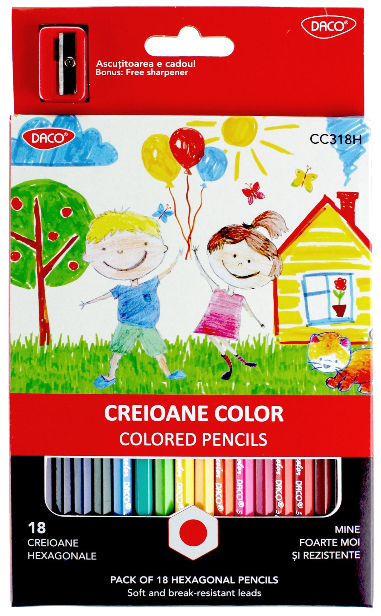 Set complet de 18 creioane colorate hexagonale DACO cu corp ergonomic anti-rostogolire, mină rezistentă de 3 mm și ascuțitoare inclusă în pachet.
