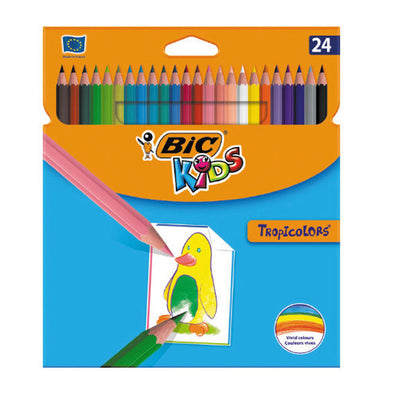 Set extins de 24 de creioane colorate Tropicolors 2 de la BIC, realizate fără lemn, cu mină rezistentă de 3.2 mm pe bază de pigmenți în culori vii, fabricate în Franța și conforme cu standardul EN71