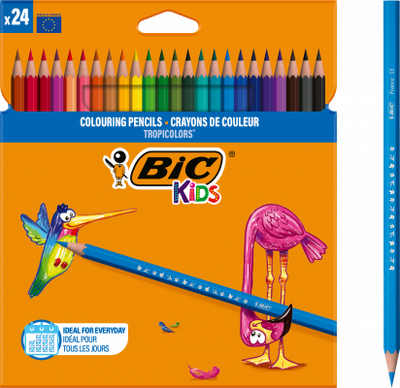 Set extins de 24 de creioane colorate Tropicolors 2 de la BIC, realizate fără lemn, cu mină rezistentă de 3.2 mm pe bază de pigmenți în culori vii, fabricate în Franța și certificate EN71