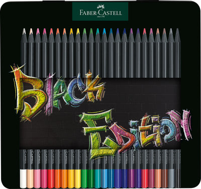 Set premium de 24 de creioane colorate triunghiulare din gama Black Edition de la Faber-Castell, realizate din lemn negru ecologic cu mină super moale, organizate într-o cutie elegantă din metal
