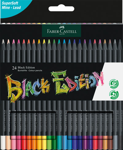 Set de 24 de creioane colorate triunghiulare din gama Black Edition de la Faber-Castell, realizate din lemn negru cu mină foarte moale pentru culori mătăsoase și strălucitoare pe hârtie albă sau închisă.