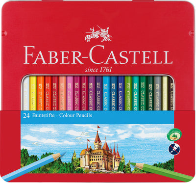 Set de 24 de creioane colorate în culori intense marca Faber-Castell, prezentate într-o cutie metalică atractivă cu fereastră transparentă de vizualizare și tehnologie SV anti-rupere.